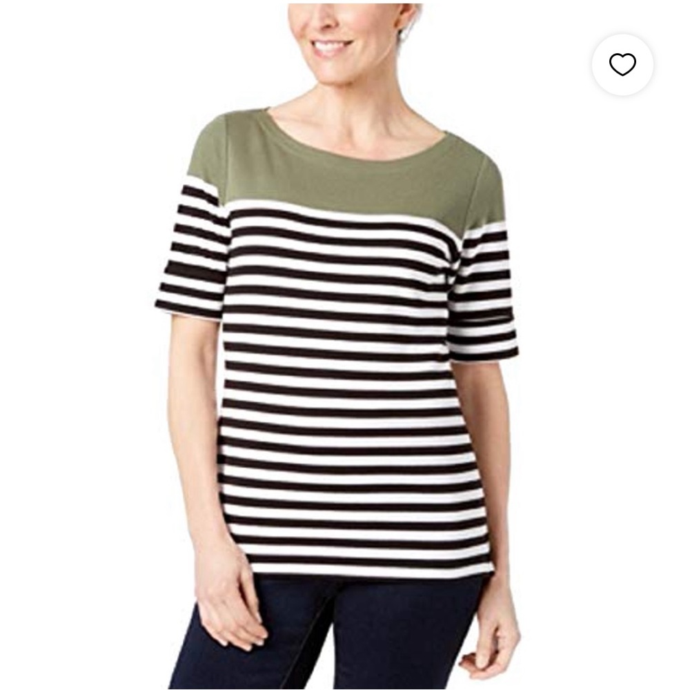 Karen Scott Cotton Stripe Elbow-Sleeve Top (Olive Sprig Stripes)